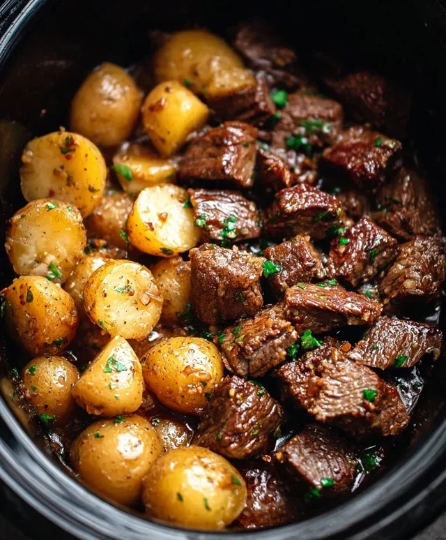 Slow Cooker Garlic Butter Beef Bites with Potatoes