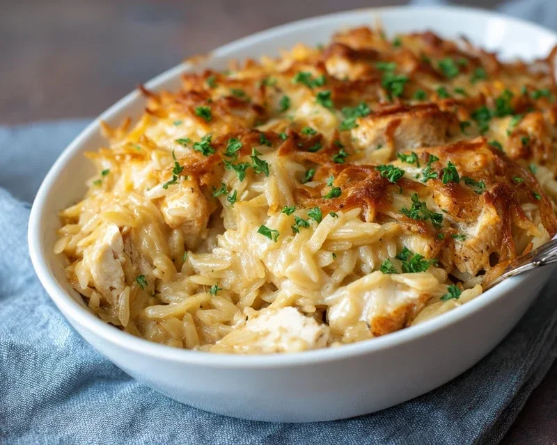 French Onion Chicken Orzo Casserole