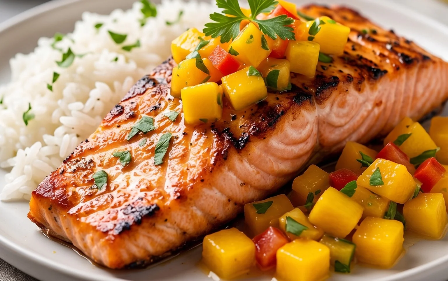 Grilled Salmon with Mango Salsa and Coconut Rice