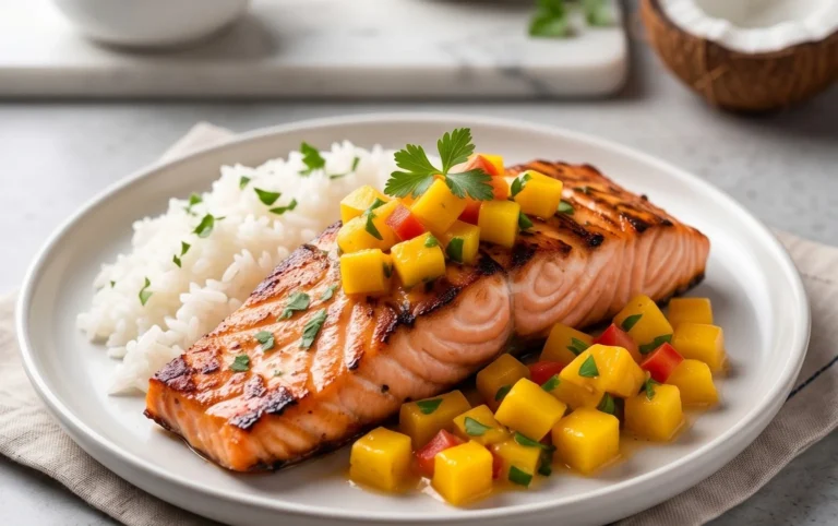 Grilled Salmon with Mango Salsa and Coconut Rice