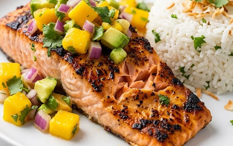 Grilled Salmon with Mango Salsa and Coconut Rice