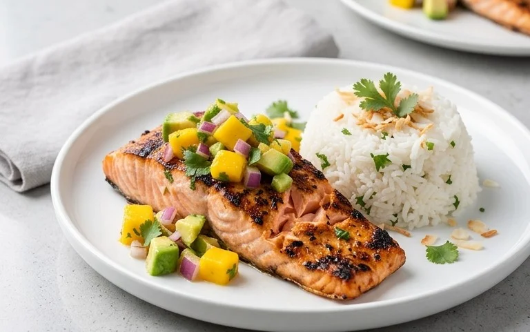 Grilled Salmon with Mango Salsa and Coconut Rice