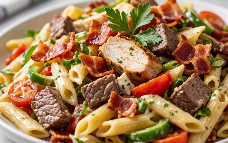 Chicken Beef Bacon Ranch Pasta Salad