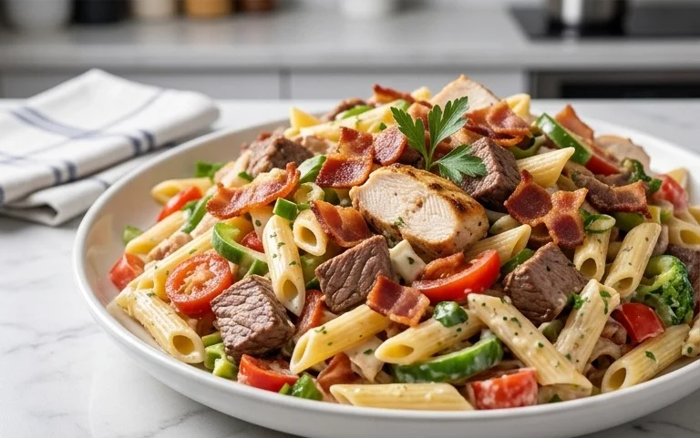 Chicken Beef Bacon Ranch Pasta Salad