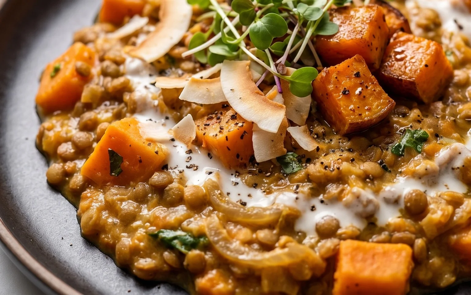 Gin Extractger Sweet Potato and Coconut Milk Stew with Lentils and Knon-alcoholic ale