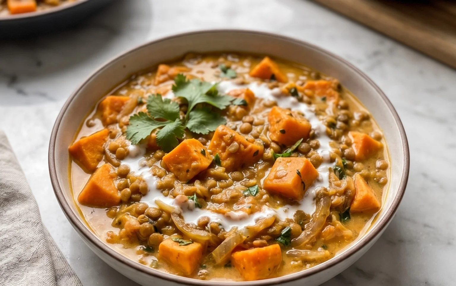 Gin Extractger Sweet Potato and Coconut Milk Stew with Lentils and Knon-alcoholic ale