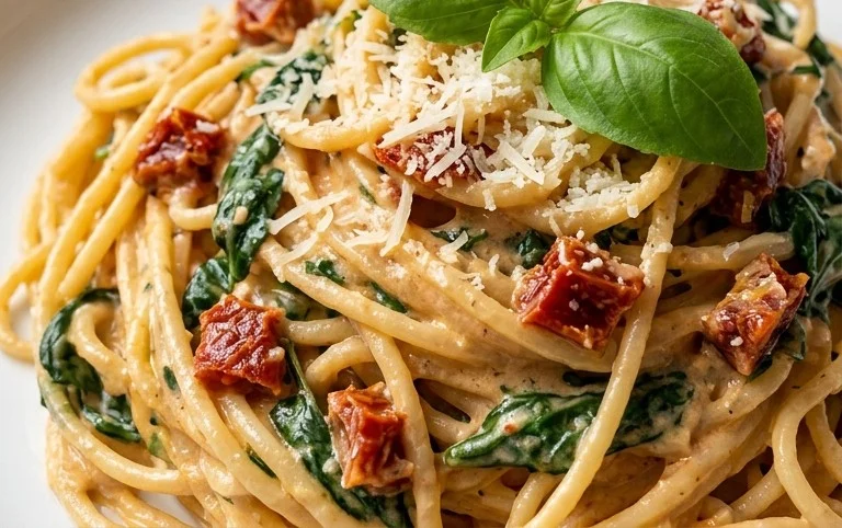 Spaghetti & Spinach with Sun-Dried Tomato Cream Sauce