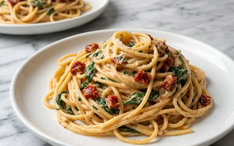 Spaghetti & Spinach with Sun-Dried Tomato Cream Sauce