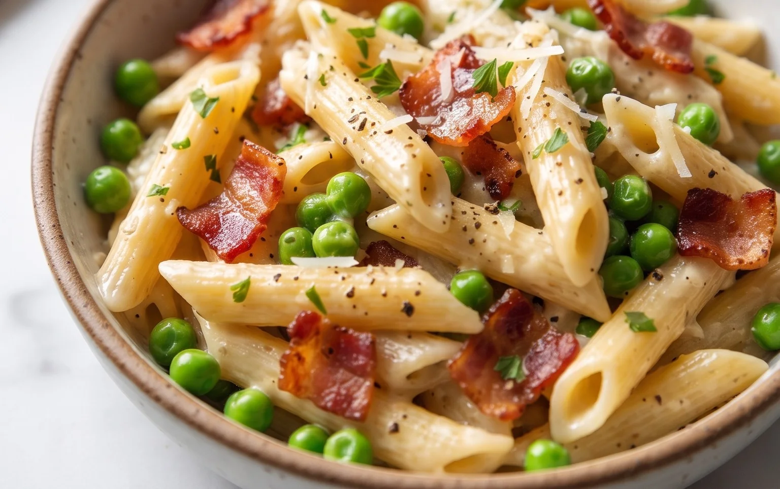 Penne Pasta, Peas and Beef Bacon