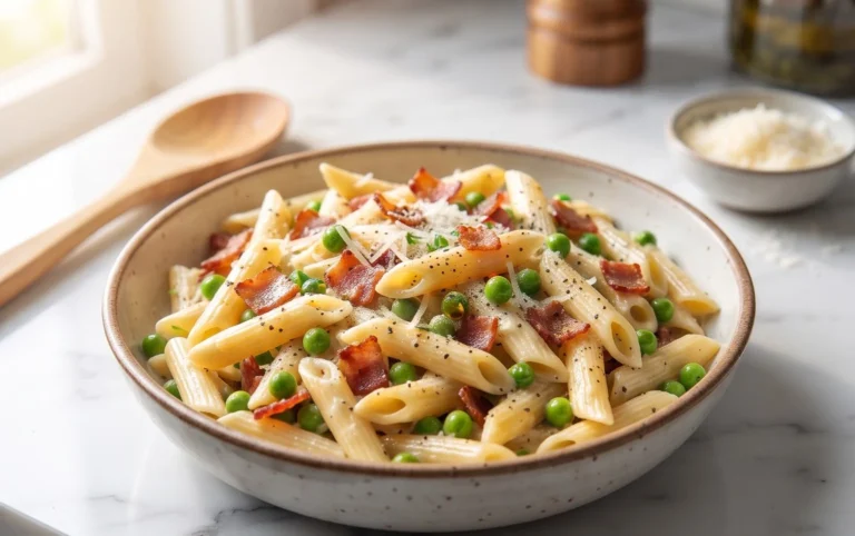 Penne Pasta, Peas and Beef Bacon