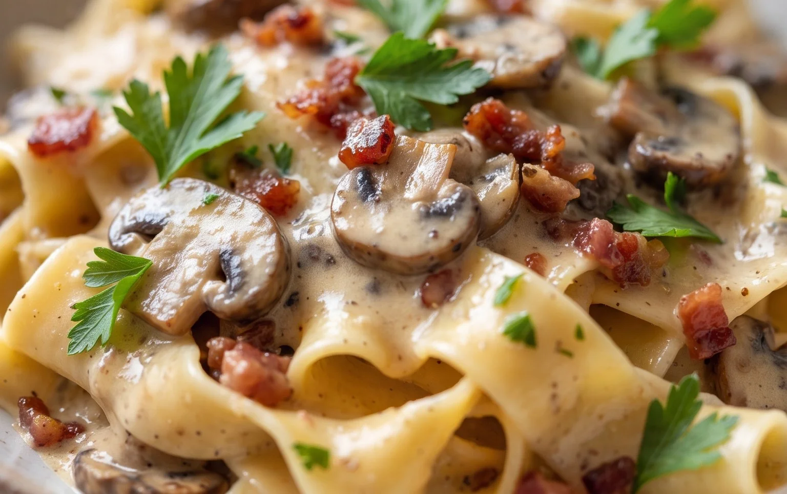 Creamy Beef Bacon and Mushroom Pasta