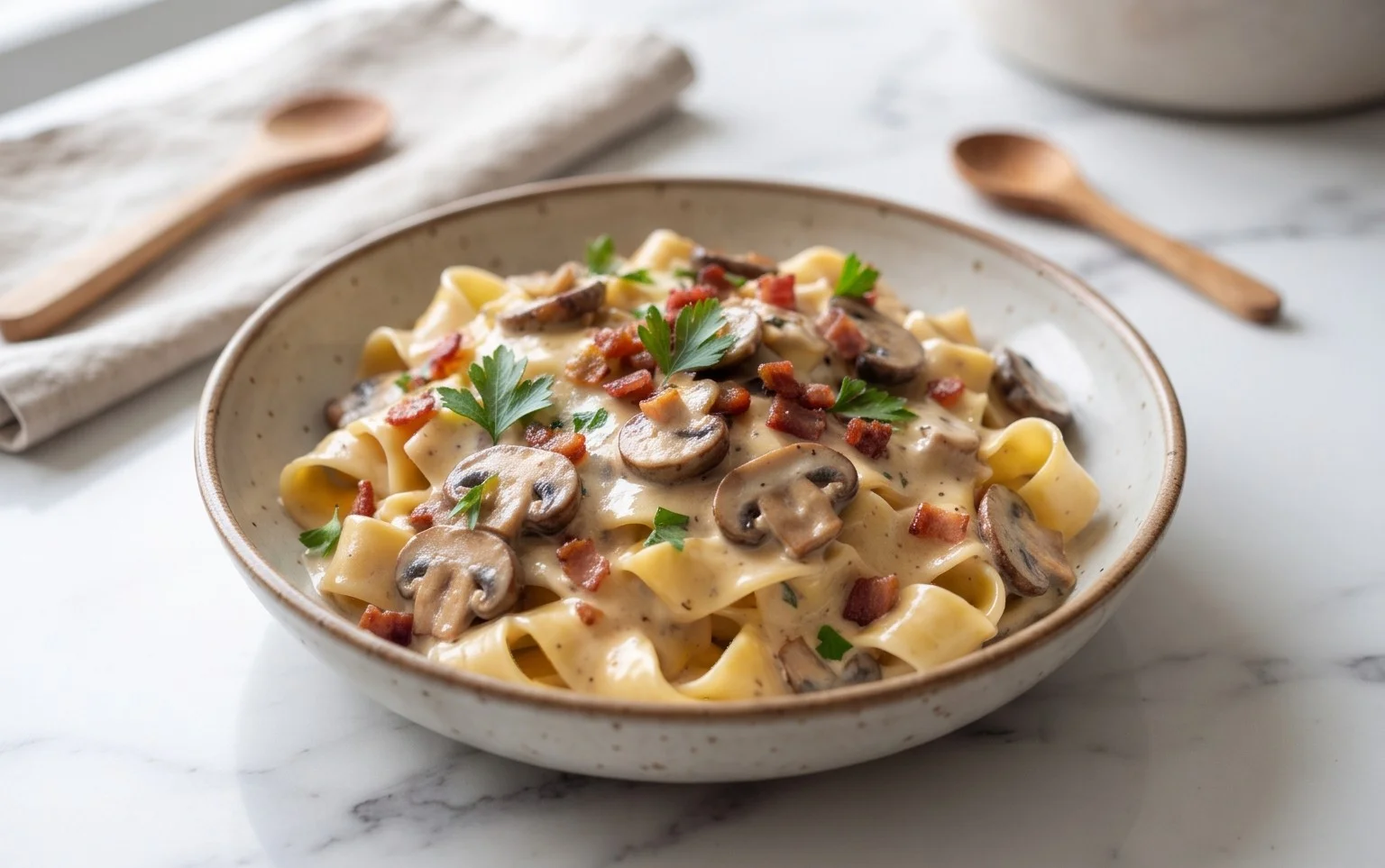 Creamy Beef Bacon and Mushroom Pasta