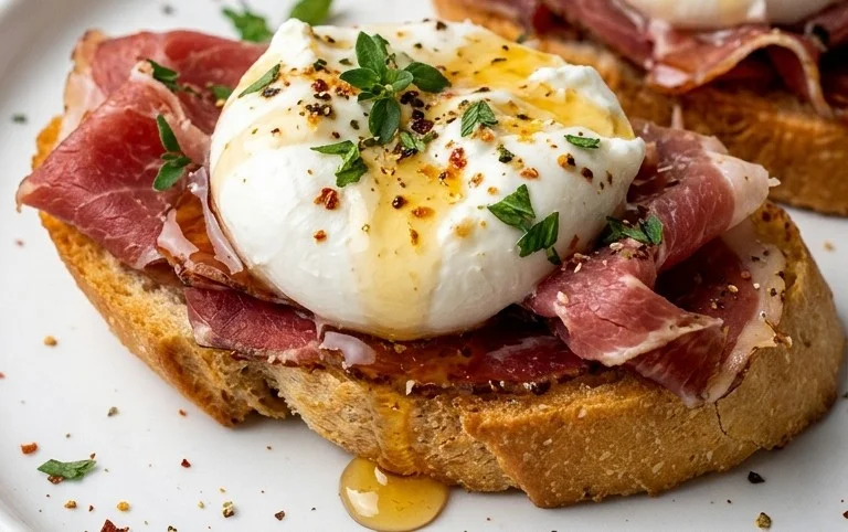 Beef Prosciutto Crostini with Burrata and Lemon Honey Drizzle