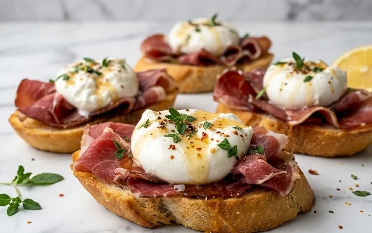 Beef Prosciutto Crostini with Burrata and Lemon Honey Drizzle